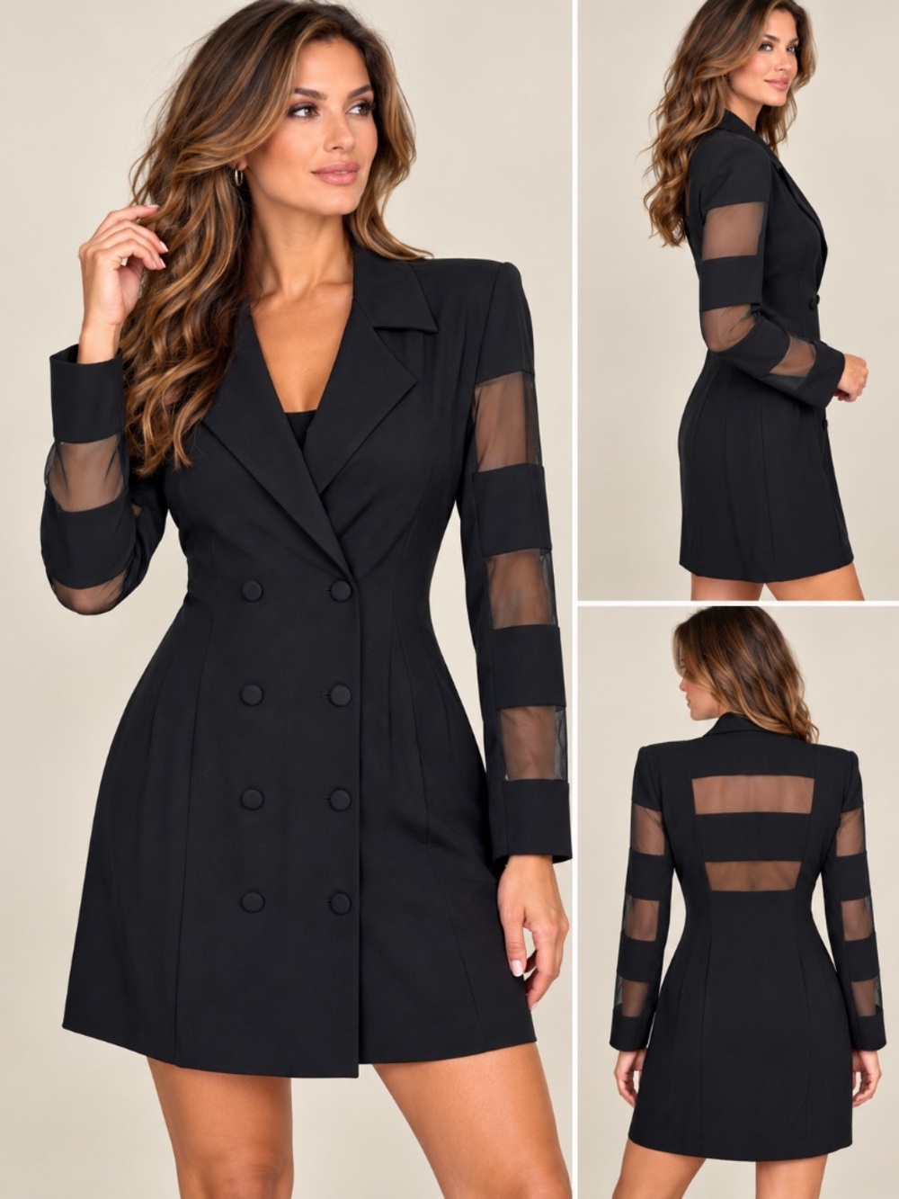 Vintage Joseph Ribkoff Black Sheer Panel Double Breasted Blazer Jacket